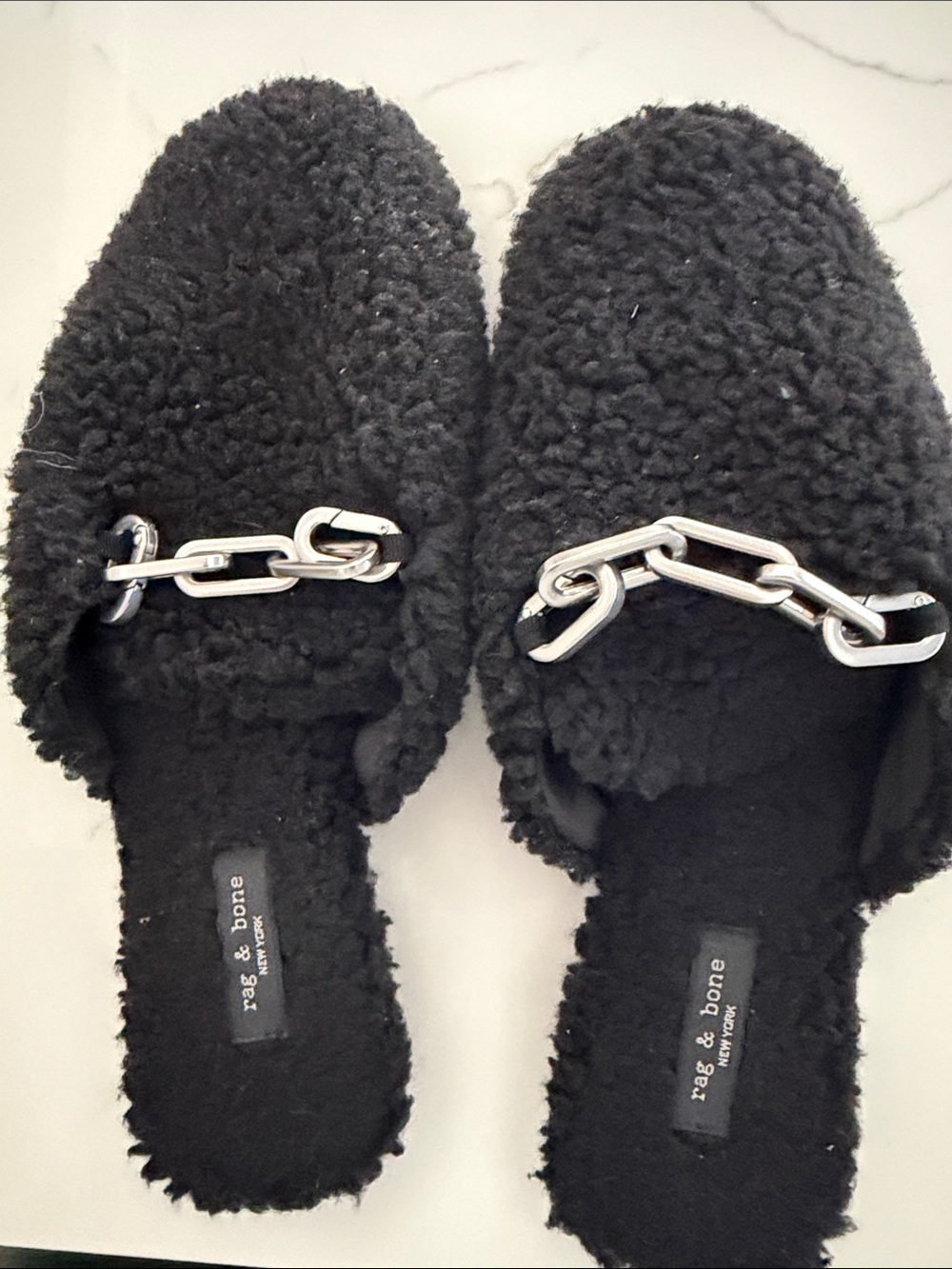 rag & bone Black Faux Shearling Chain-Trim Mules